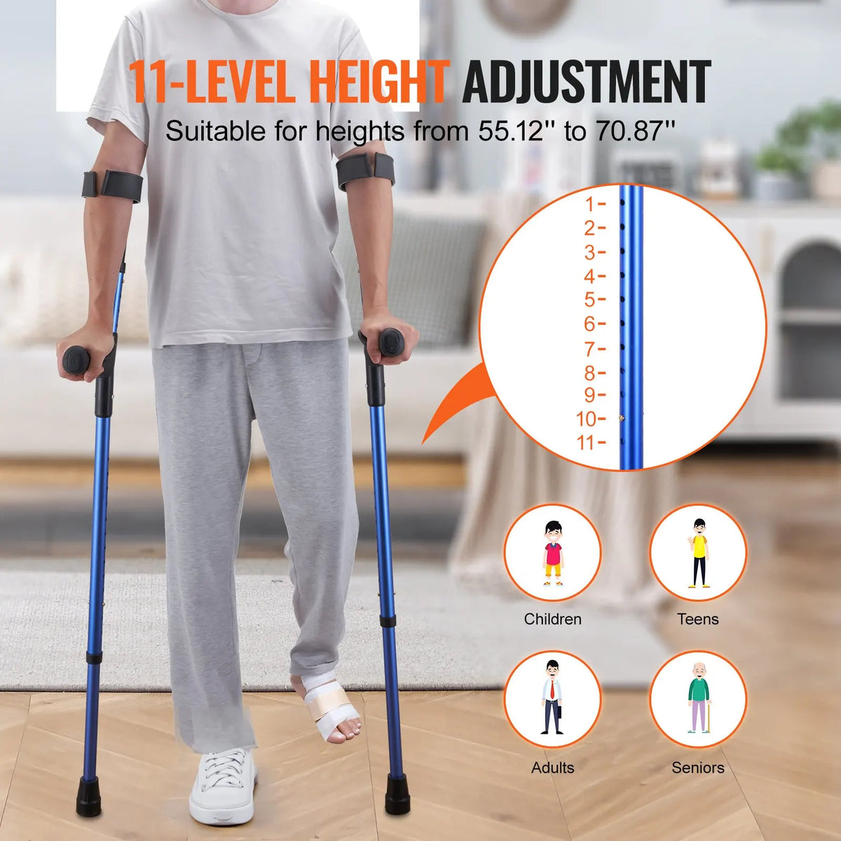 Forearm Crutches for Adults, 10/11Level Height Adjustable Walking Crutches with 4-Level Upper Cuff, Lightweight Aluminum
