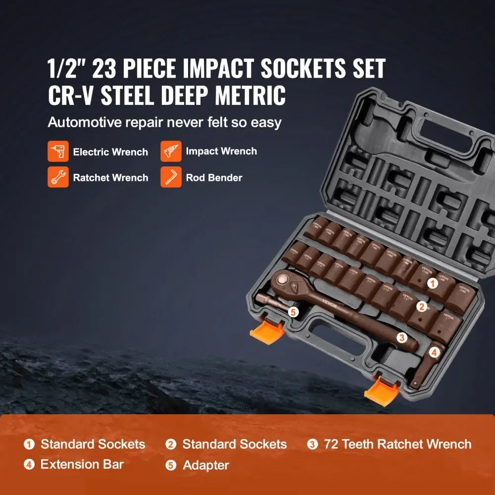 1/2" 3/8" Drive Impact Socket Set 13/23/33/34/48/65/90PCs SAE or Metric Cr-V/Cr-Mo Socket Set 6 Point Alloy Steel Repair