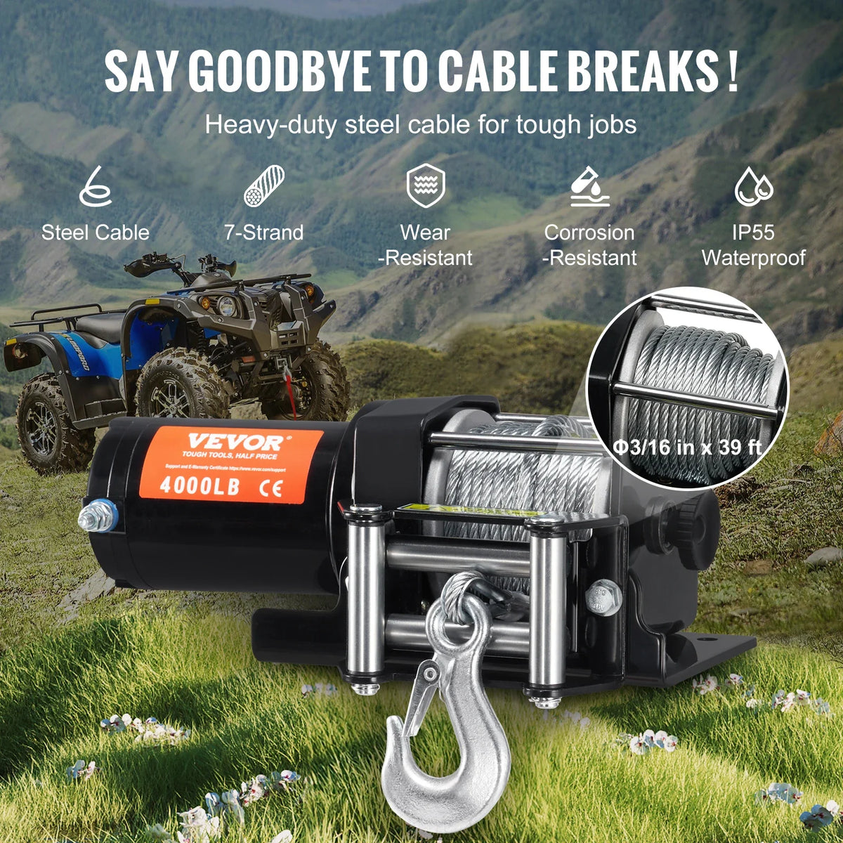Electric Winch, 4000lbs 12V DC ATV/UTV Winch w/ 39ft 7 Strands Steel Cable Roller Fairlead Wireless & Wired Remote Control