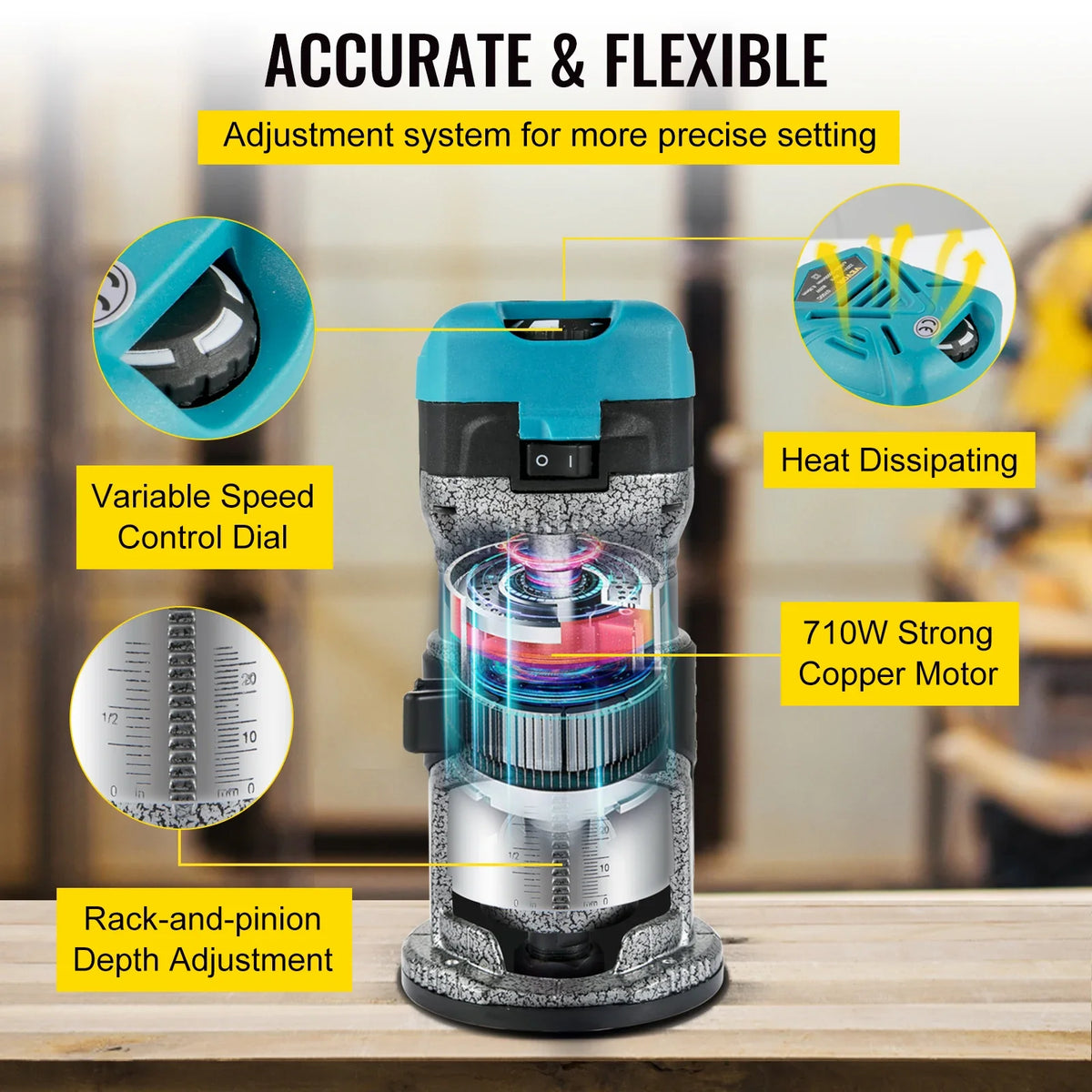 Wood Router Machine Electric Trimmer 710W 33000RPM Power Carpentry Tool for Woodworking Trimming Grooving Carving Milling