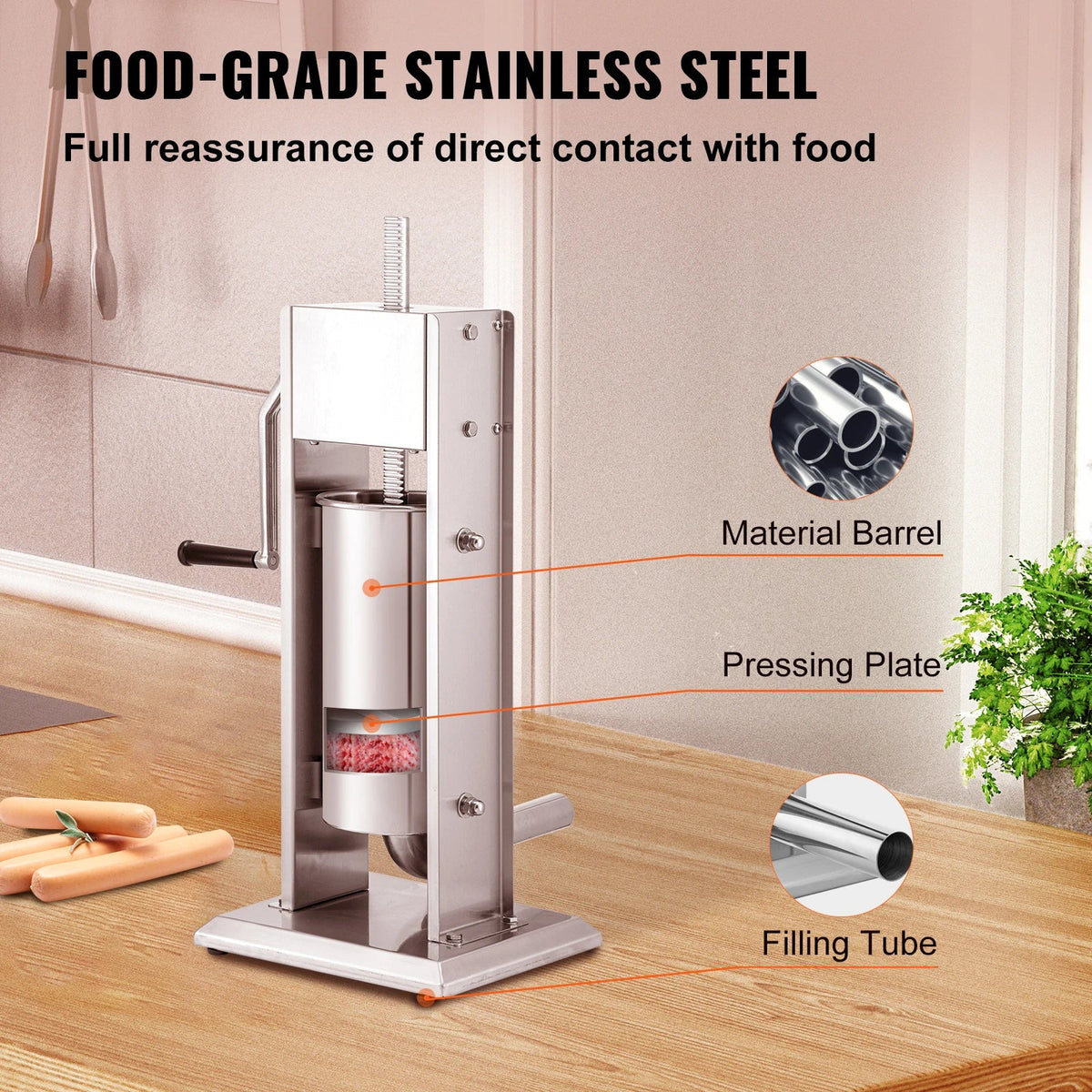 3 5 7 L Manual Sausage Stuffer Stainless Steel Making Sausage Vertical Maker with 4 Filling Funnels for Home Commercia Use