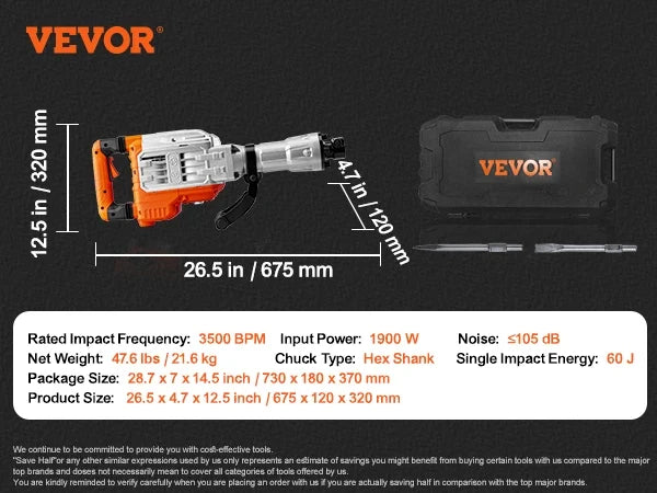 Demolition Jack Hammer, 3500W Jack Hammer Concrete Breaker, 1900 BPM Heavy Duty Electric Jack Hammer,for Breaking Holes