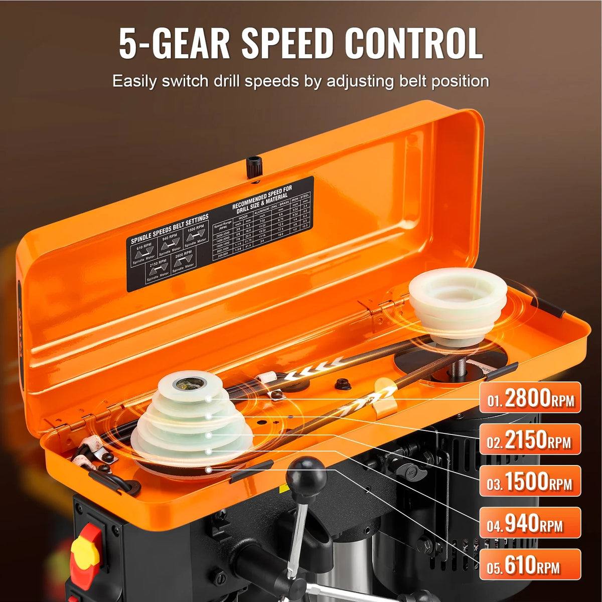 10 in Benchtop Drill Press Tabletop Drilling Machine with 610 / 940 /1500 /2150 / 2800 RPM Adjustable Speed for Wood Metal