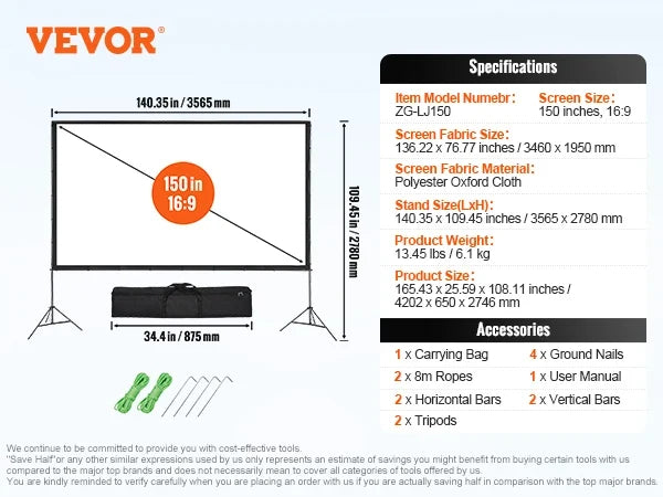 Projector Screen with Stand 120/150 inch 4K 1080 HD Outdoor Movie Screen for Home Theater Cinema Backyard Movie
