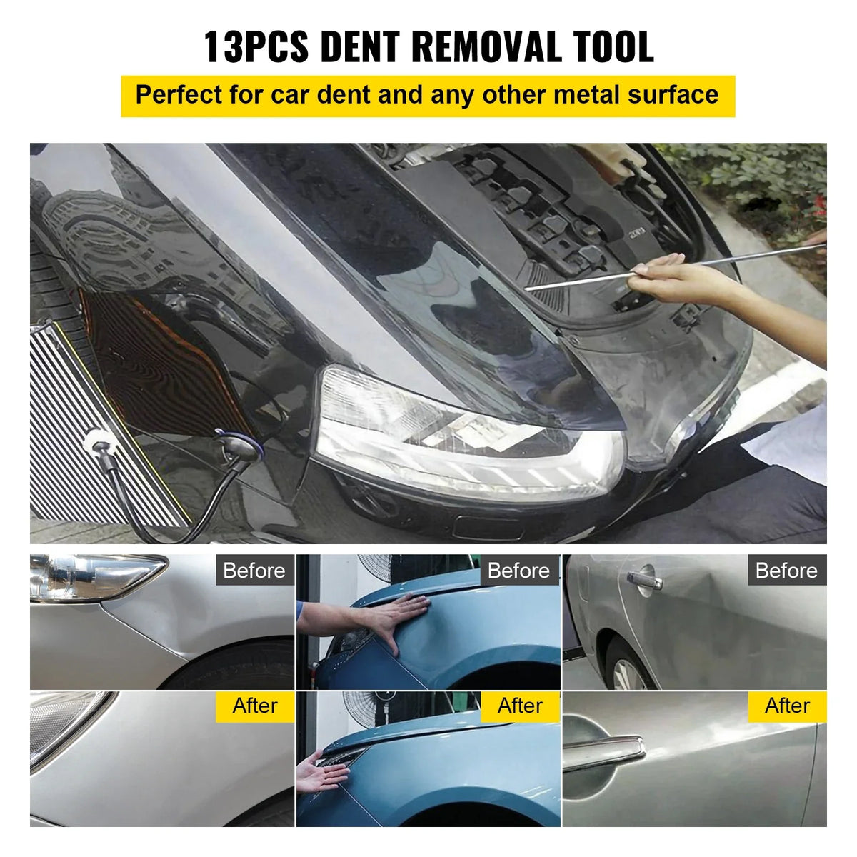 Rods Dent Removal Kit, 5 Pcs Stainless Steel Dent Rods, 8 Pcs Tapper Heads, for Minor Dents, Door Dings and Hail Damage