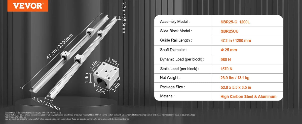 2PCS Linear Guide Rails SBR12 SBR16 SBR20 SBR25 800-2200mm & 4PCS UU Bearing Blocks Smooth Motion for DIY Mills CNC Parts
