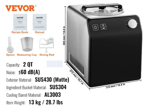Automatic Ice Cream Maker with Built-in Compressor 2 Quart No Pre-freezing Fruit Yogurt Machine Electric Sorbet Maker