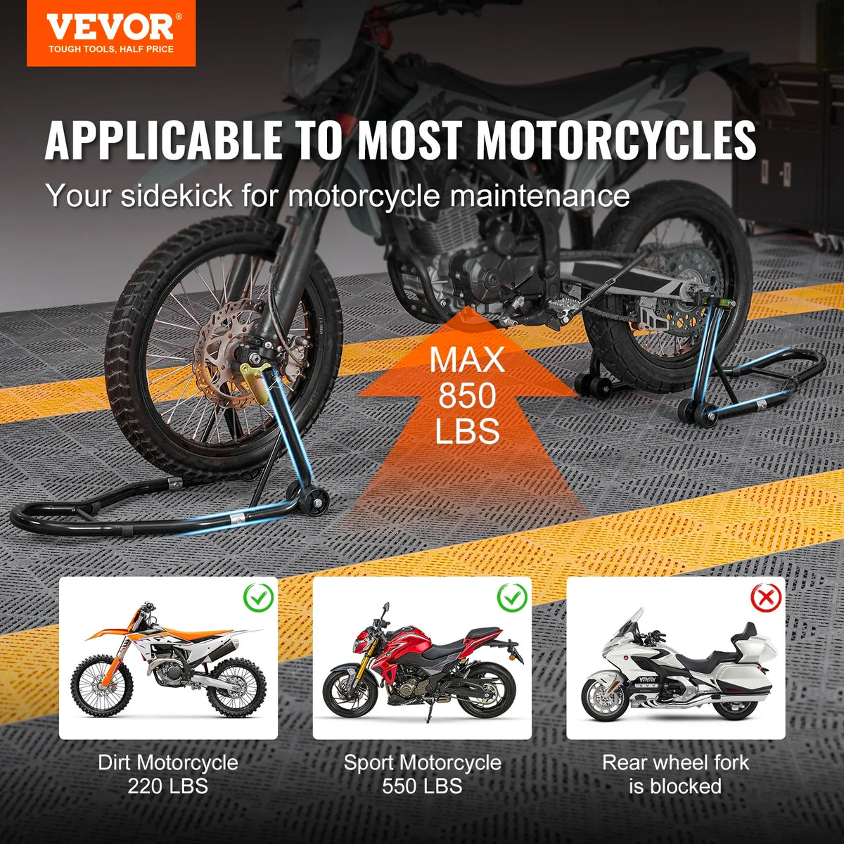 Motorcycle Stand Lift, 850lbs Front Rear Combo Stand Lift Stand, Front and Rear Wheel Fork Stand, U+L Fork Swingarm Spool