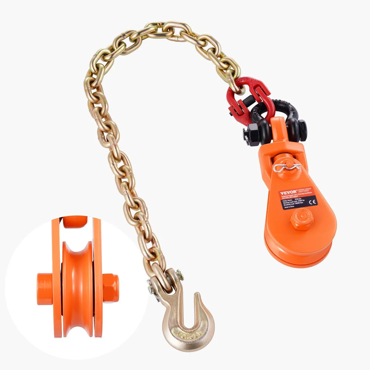 2T Snatch Block Pulley System with G80 Chain & Swivel Shackle 3" Sheave for 3/8" Rope Towing Recovery on Truck Rollback