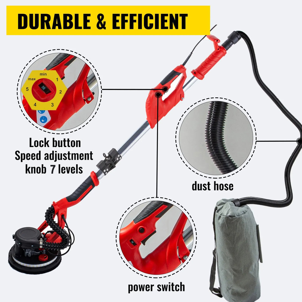 Drywall Sander 850W, Electric Drywall Sander, Variable Speed 800-1750 RPM, with LED Strip Light and Vacuum Bag