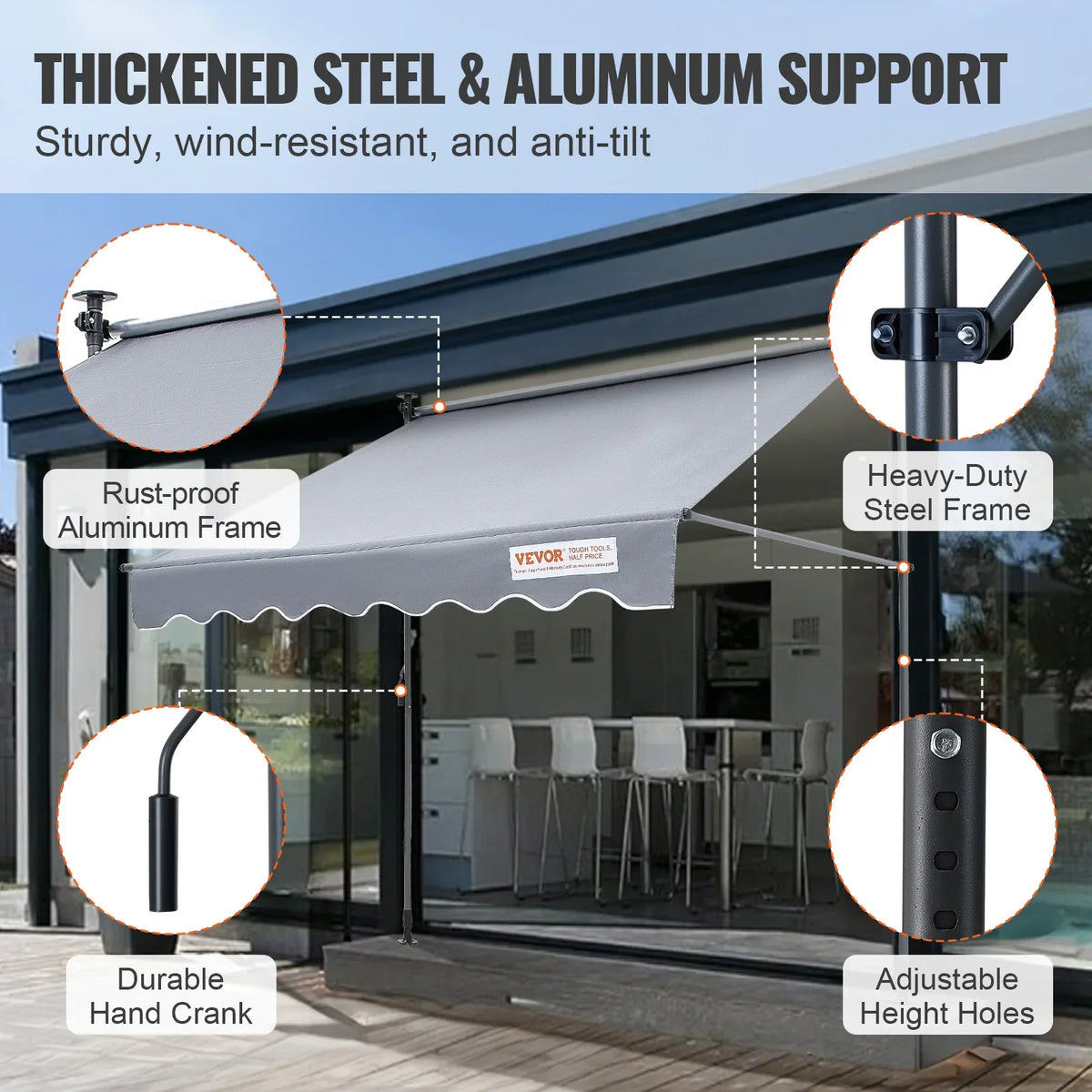 Manual Retractable Awning Outdoor Portable Sunshade Shelter Adjustable Patio Door Window Awning Canopy for Backyard Garden