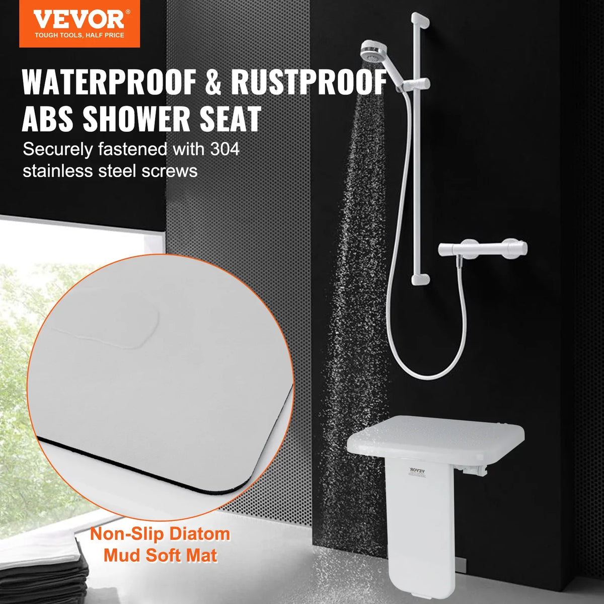 Folding ABS Shower Seat 15.7'' x 16.7'' Unfolded, Wall Mounted Fold Up Shower Bench 440 lbs for Seniors Pregnant Women