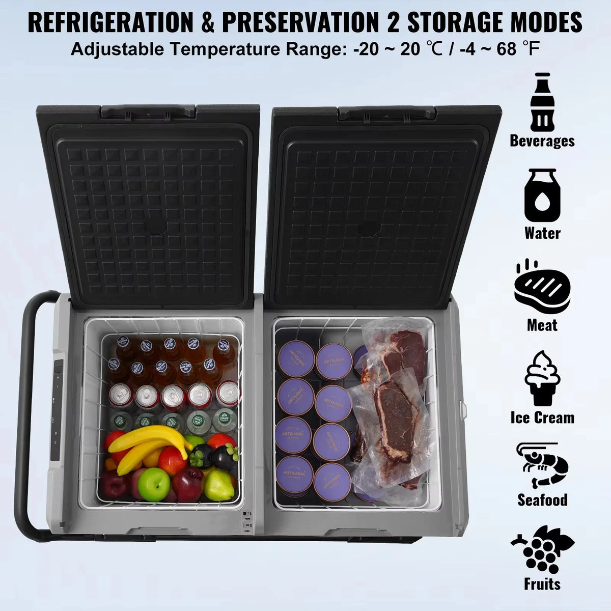 Car Fridge 115L Car Refrigerator Dual Zone Freezer with Wheels and Handle -4℉-68℉ 12/24V DC