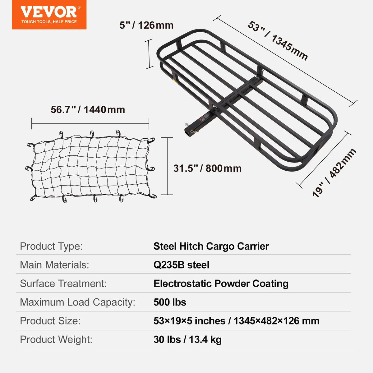53/60 in Hitch Cargo Carrier 400/500lb Capacity Trailer Hitch Mount Aluminum Cargo Basket for SUV Truck Pickup Camping