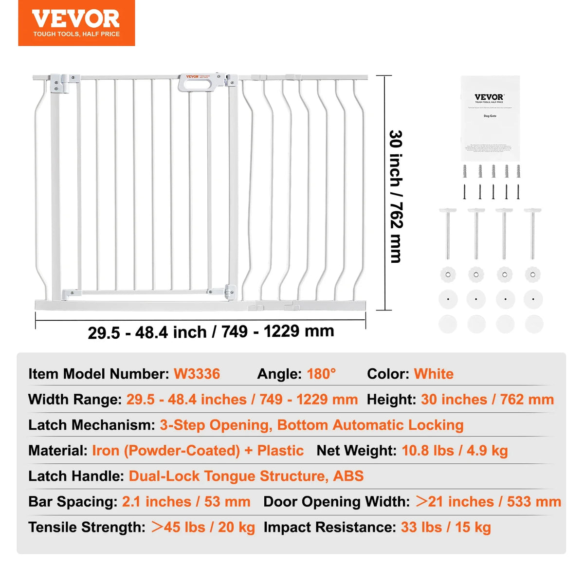Baby Gate 29.5"-39"/ 48.4"/ 53"/ 57.8" Extra Wide 30" High Dog Gate for Stairs Doorways and House Auto Close Security Gate