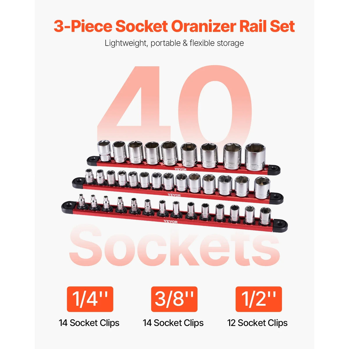 3PCS Magnetic Socket Organizer Rail Set Metric & SAE Aluminum Socket Holder 1/4'' 3/8'' 1/2'' with 360° Clips for Tool Box