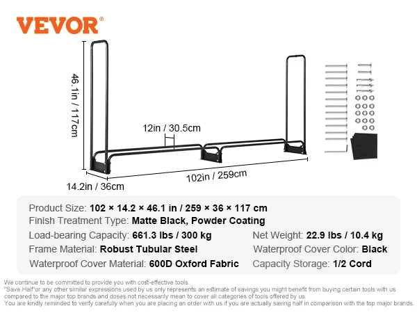 4.3/8.5/12.7FT Outdoor Firewood Rack w/Cover Heavy Duty Firewood Holder & 600D Oxford Waterproof Cover for Fireplace Patio