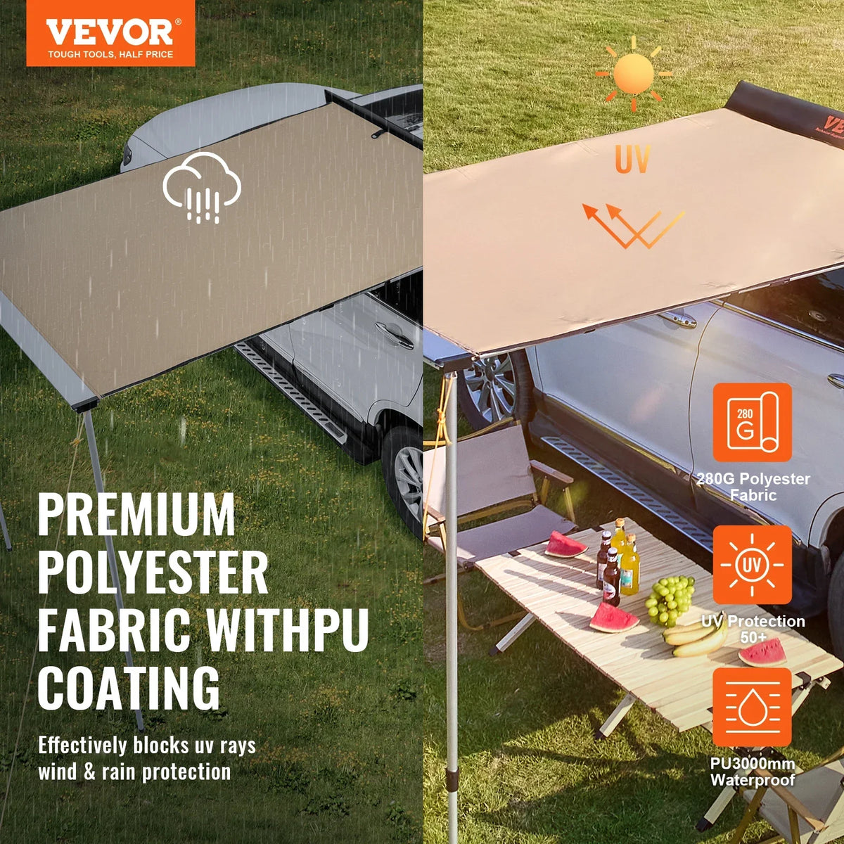 Car Side Awning 4.6"x6.6" Shade Coverage Vehicle Awning PU3000mm UV50+ Retractable Car Awning for Truck/SUV/Van/Campers