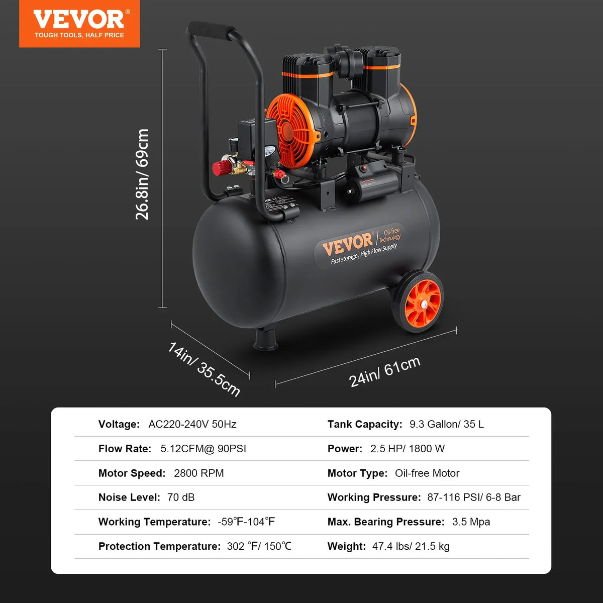 Air Compressor, 9L 18L 24L 35L Oil Free Air Compressor Tank  116PSI Pressure, 70 dB Ultra Quiet Compressor for Auto Repair