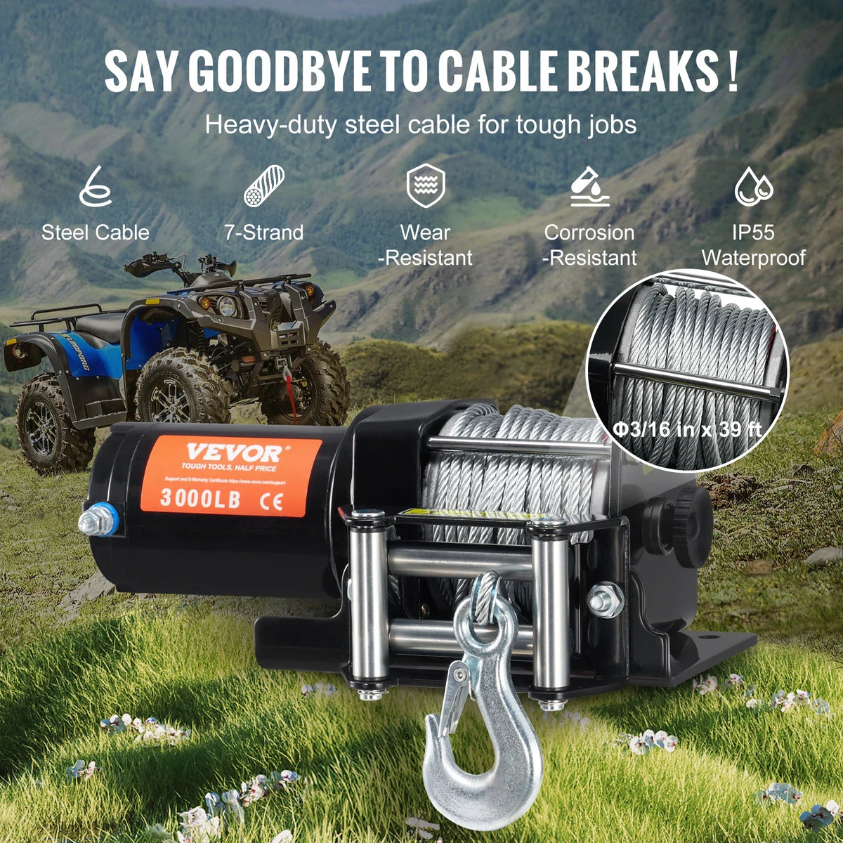 3000lbs ATV/UTV Electric Winch 12V DC Steel Rope Winch with  39 ft Cable Roller Wired Remote Control for Towing Off-Road