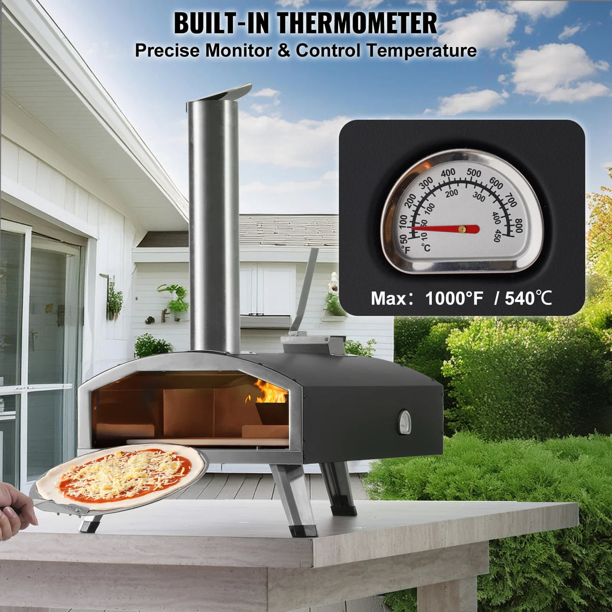 Portable Outdoor Oven, 12-inch Pizza Oven, Pellet & Chips & Charcoal Tri-Fuel, Iron Spray Pizza Grill,Includes Pizza Stone