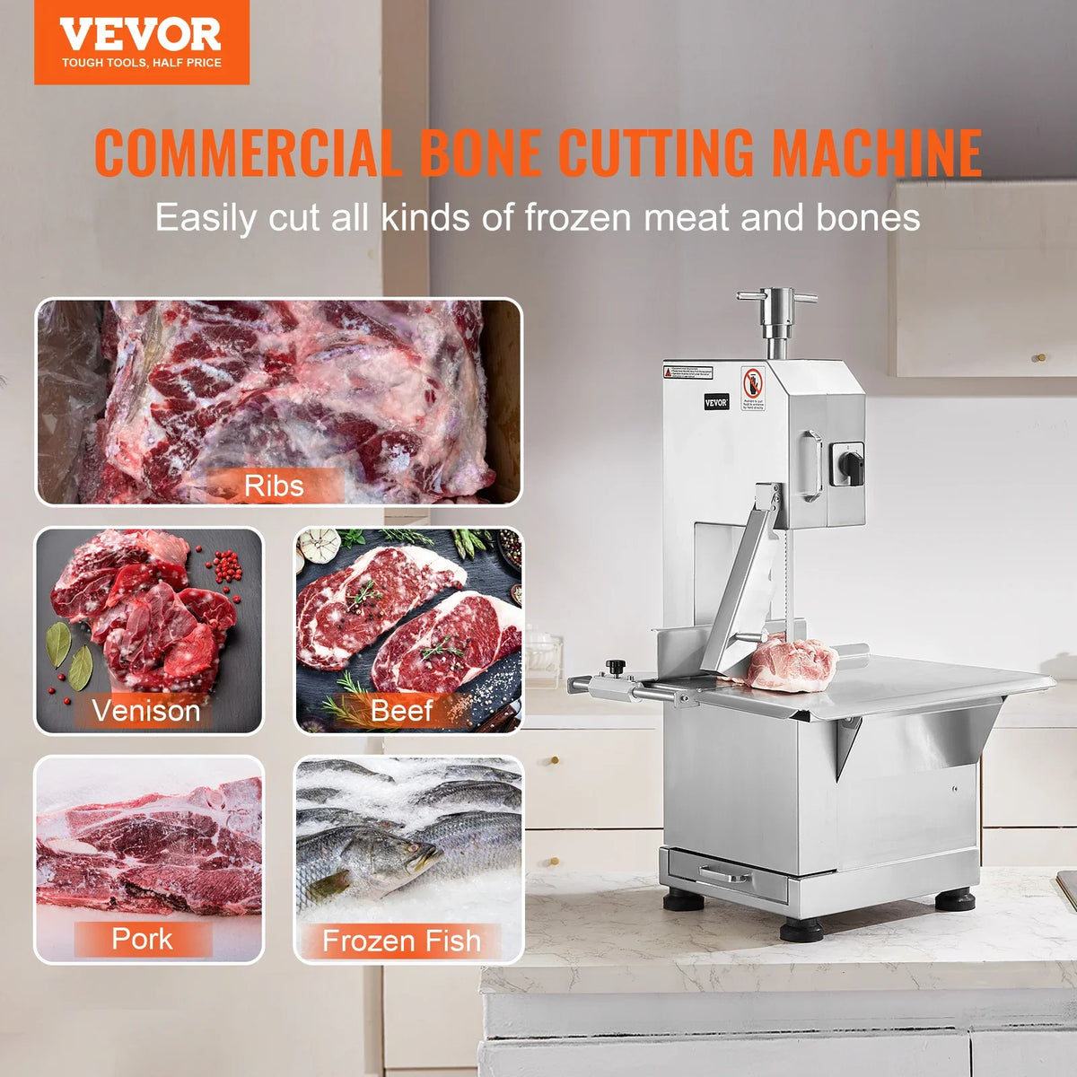 Commercial Electric Meat Bandsaw,2200W Stainless Steel Countertop Bone Sawing Machine,0-7.1 Inch Cutting Thickness,for Rib