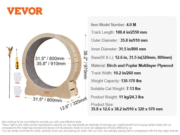 Cat Exercise Wheel Natural Wood Silent Running Toy Treadmill Roller Wheel with Detachable Carpet for Most Cats Pet Fitness