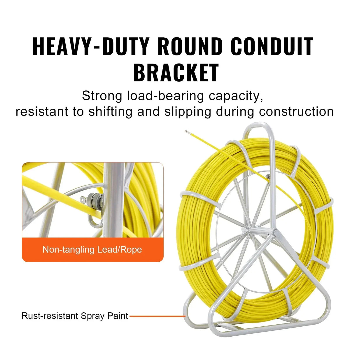 Fish Tape Fiberglass, 425/492 ft, Duct Rodder Fishtape Wire Puller, Cable Running Rod with Steel Reel Stand 3 Pulling Head