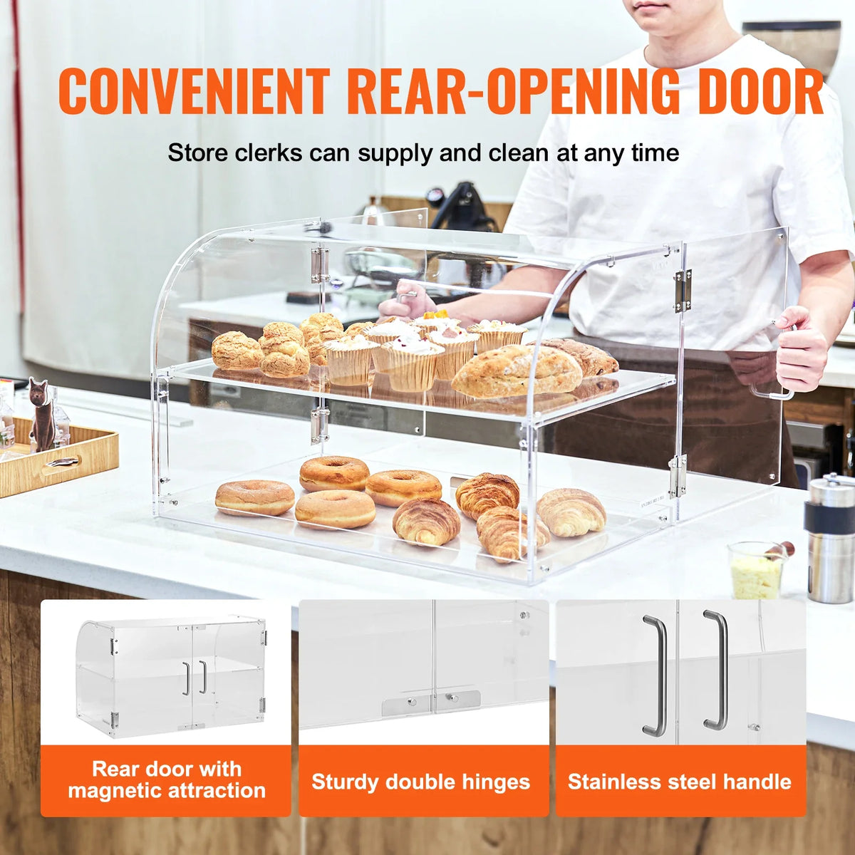 2/3 Tray Clear Pastry Display Case Acrylic Commercial Countertop Bakery Display Case with Front and Rear Door for Bread