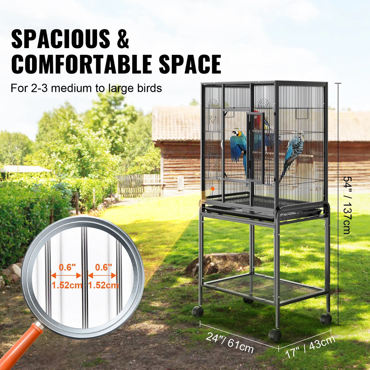 52/54inch Standing Large Bird Cage, Wrought Iron Flight Bird Cage for Cockatiels ,Parrots, Macaw w/Rolling Stand and Tray