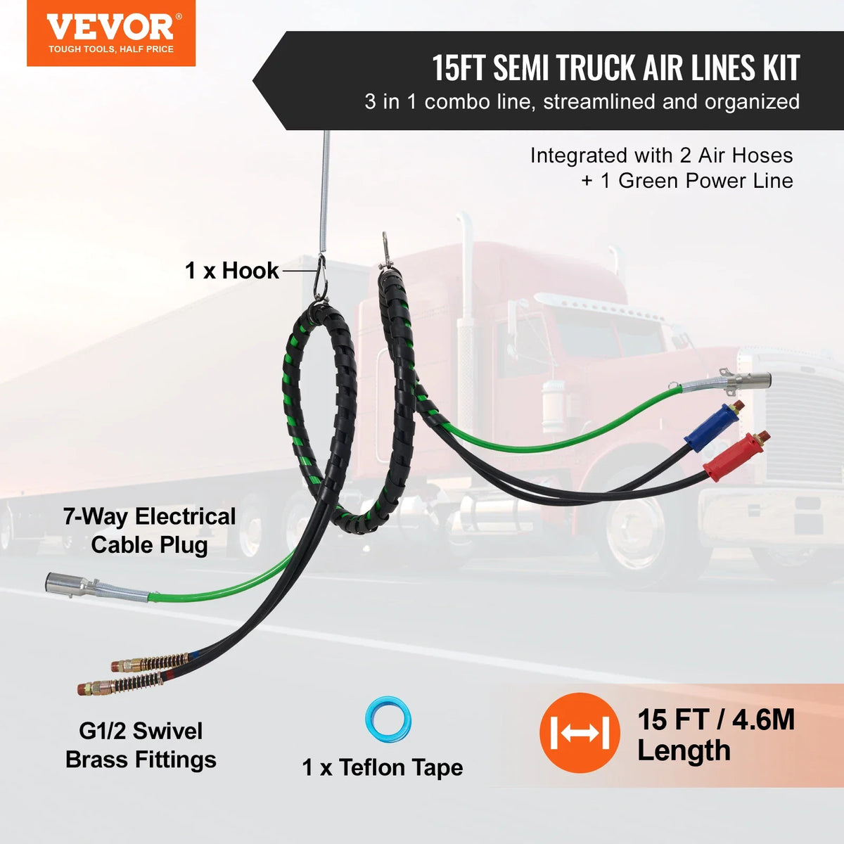 12/15FT Semi Truck Air Lines Kit 3-in-1 Air Hoses & ABS Power Line for Semi Truck Trailer Tractor with Hook & Teflon Tape