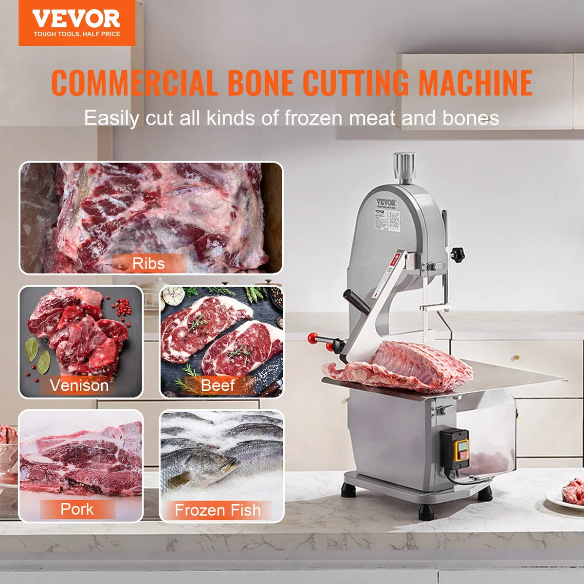 Commercial Electric Meat Bandsaw, 1500W Stainless Steel Countertop Bone Sawing Machine,0.16-7.9 Inch Cutting Thickness