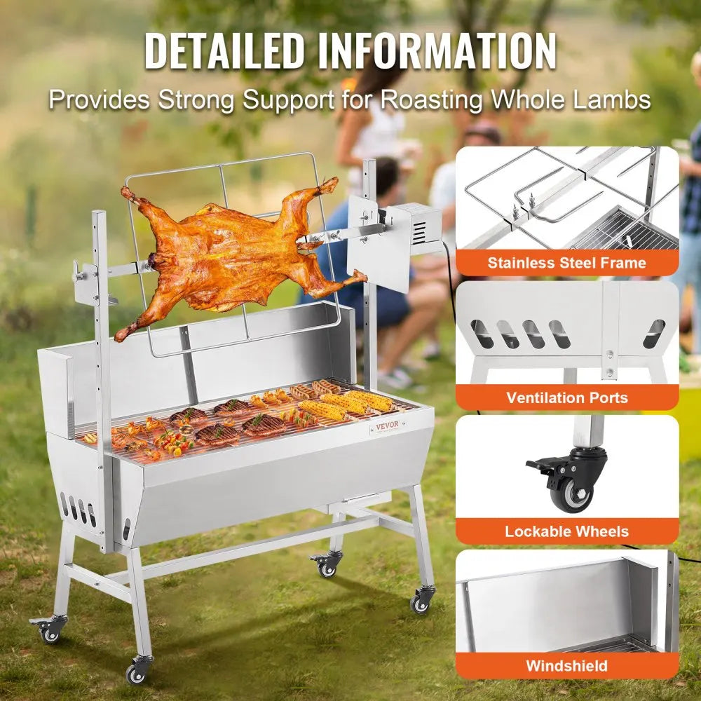 Rotisserie Grill with Windscreen, BBQ Whole Pig Lamb Goat Charcoal Spit Grill, 35 Inch 90 Lbs Capacity, Electric 42W Motor