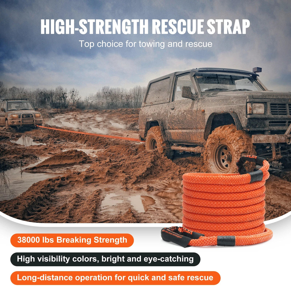 1" x 30' Kinetic Recovery Tow Rope 38,000 lbs Heavy-Duty Off Road Snatch Strap for Jeep Car Truck ATV UTV SUV Tractor