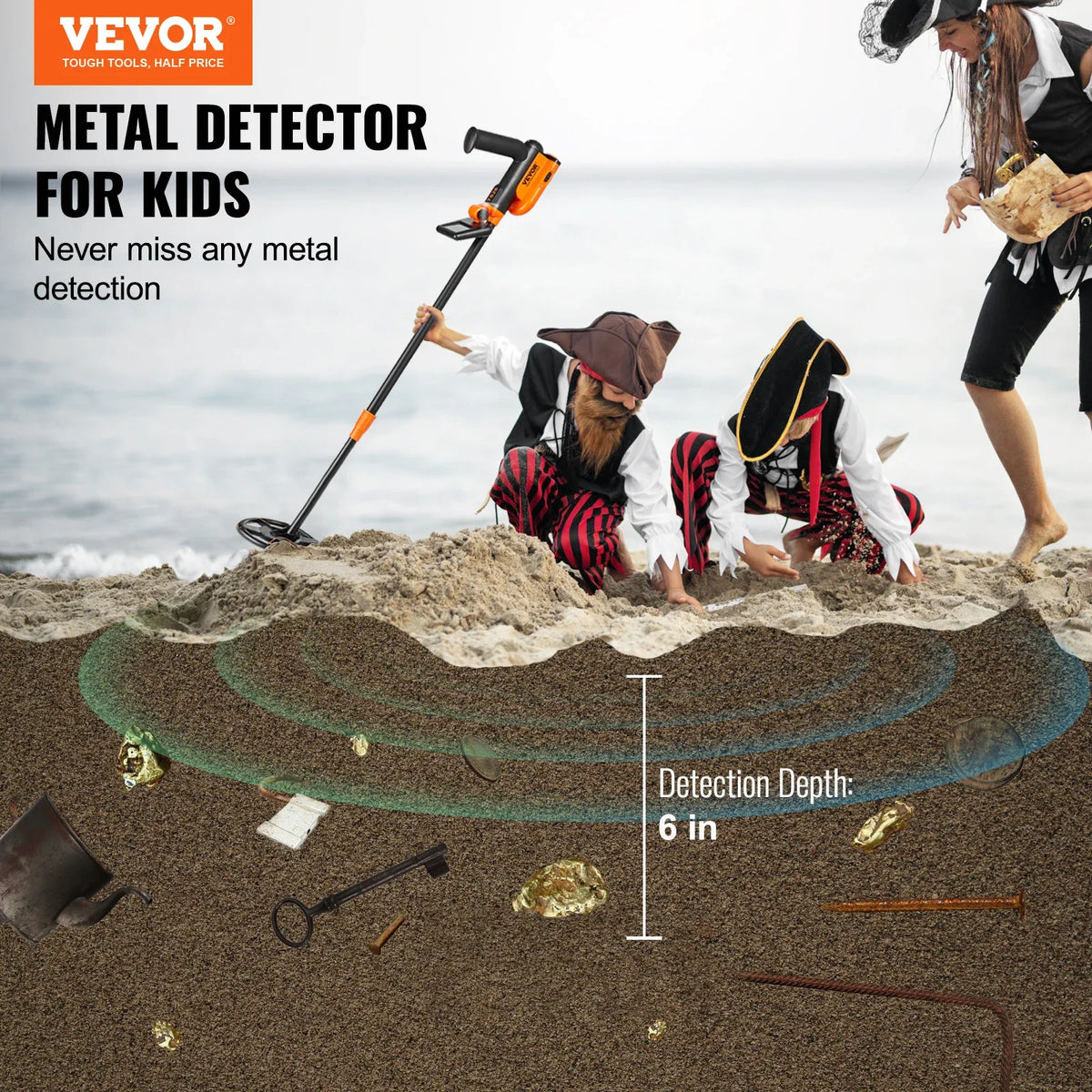 Metal Detector for Kids 6Inch 25''-37'' Adjustable Length IP68 Waterproof Search Coil with LCD Display for Detecting Gold