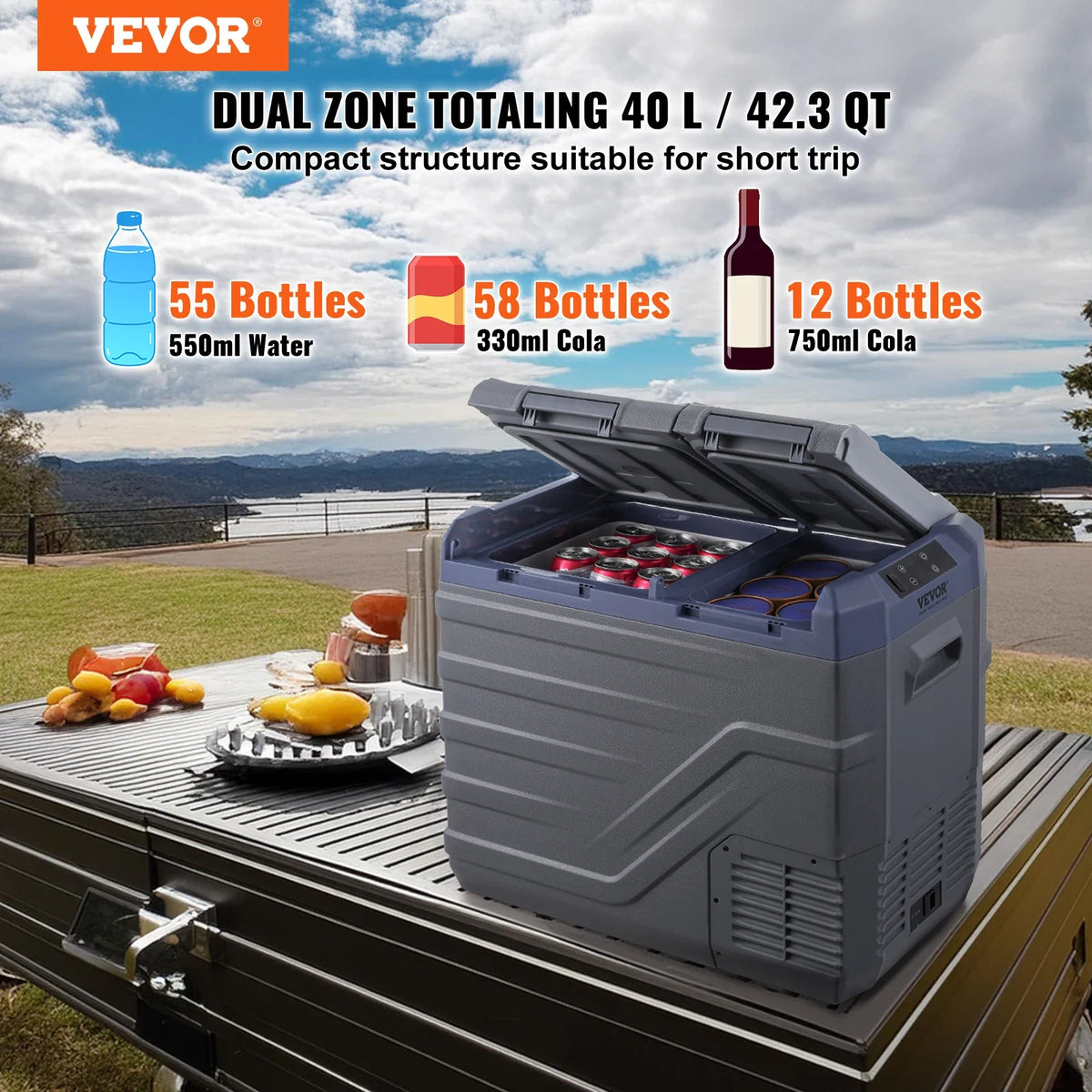 40L Car Refrigerator, 12V Car Fridge, Dual Zone Portable Freezer, -4℉-68℉, 12/24V DC and 100-240V AC Compressor Cooler