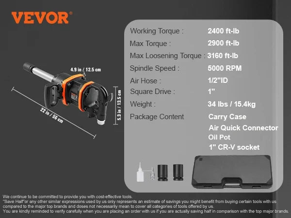 Air Impact Wrench Reverse Torque Pneumatic Impact Gun with 8 Inch Extended Anvil for Changing Tire Auto Repair Maintenance