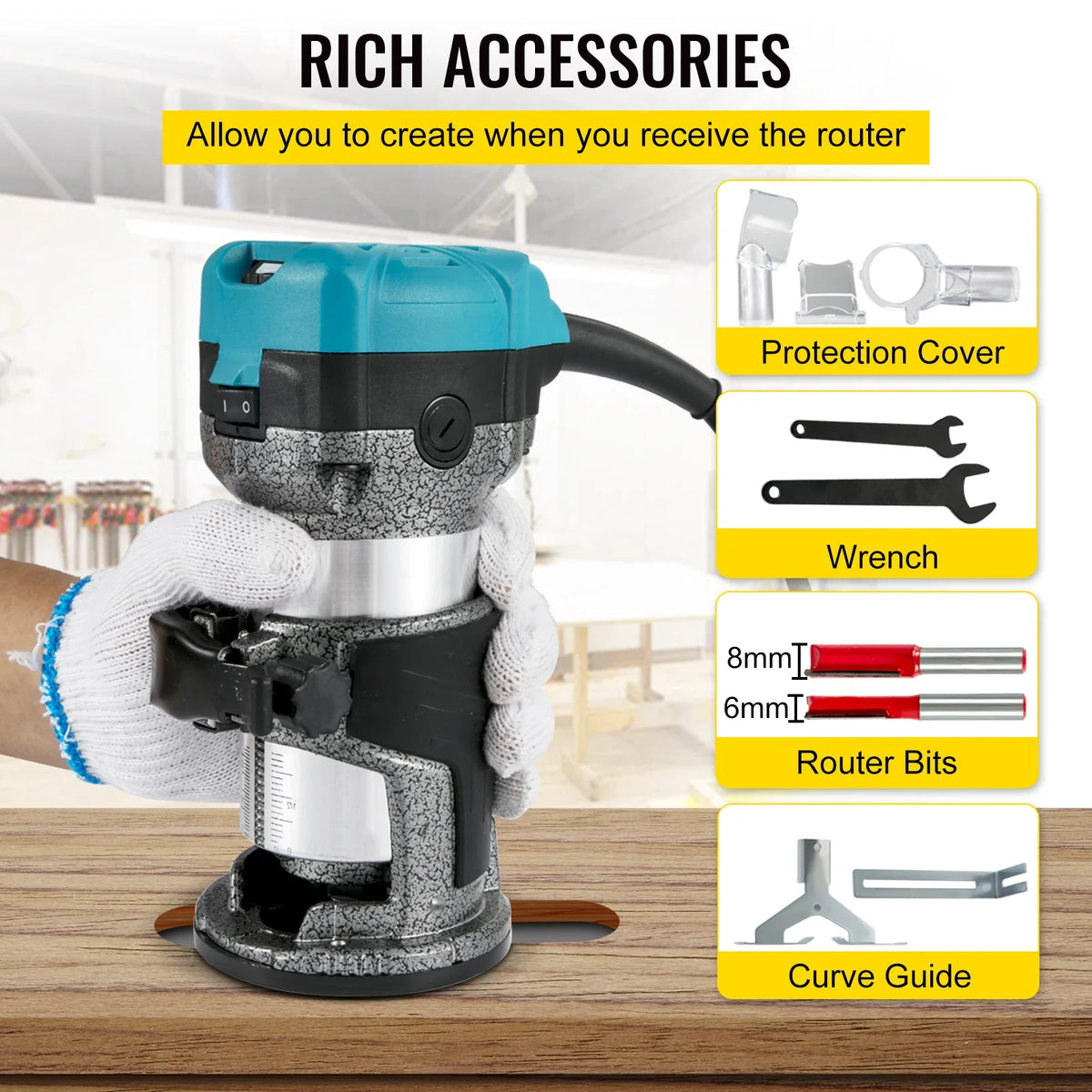 Wood Router Machine Electric Trimmer 710W 33000RPM Power Carpentry Tool for Woodworking Trimming Grooving Carving Milling