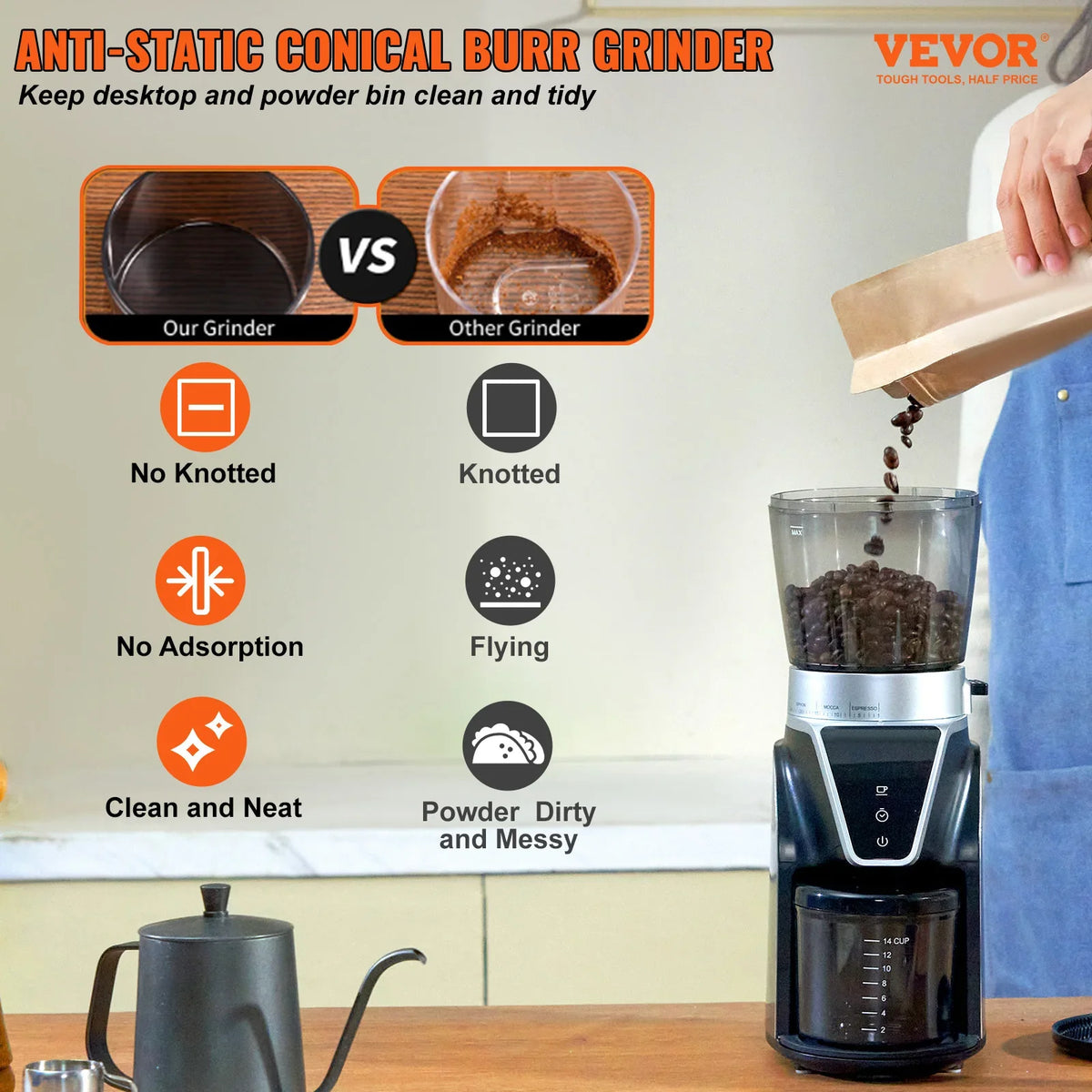 40MM Conical Burr Grind Setting Coffe Bean Electric Grinder Mocha Espresso Adjustment Coffee Machine for Home and Kitchen