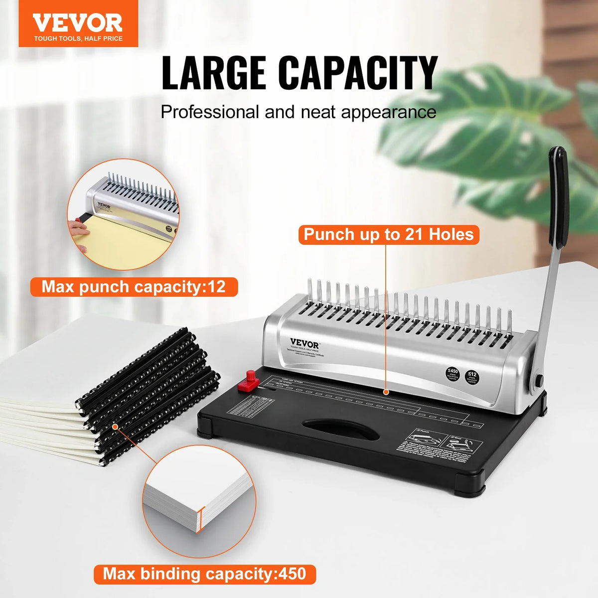 Binding Machine Comb Binding Machine 21Holes Binding 450 Sheets Book Binder Machine with 100 PCS 3/8'' Comb Binding Spines