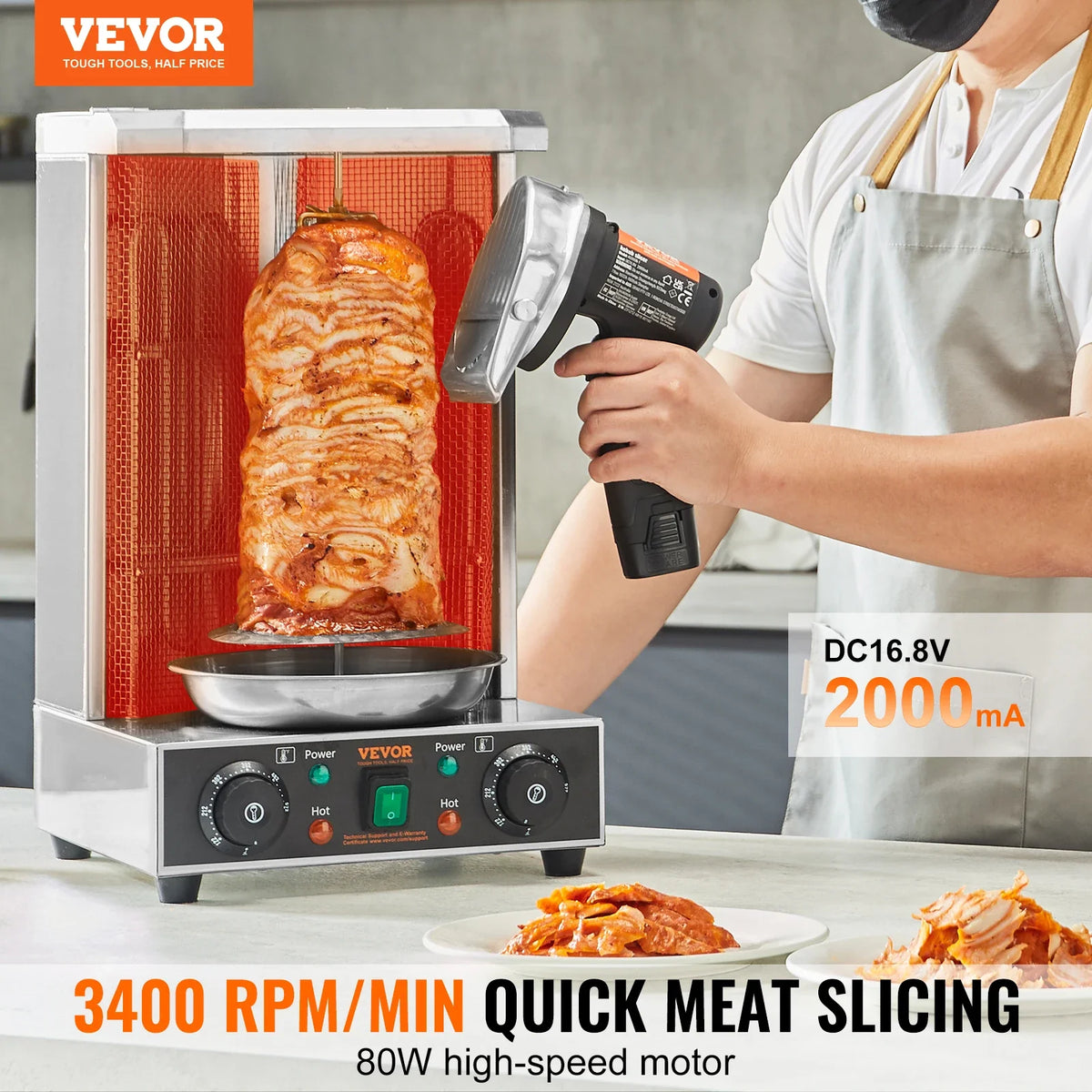 Electric Shawarma Knife, Cordless Battery Professional Turkish Knife, Stainless Steel Gyro Cutter, Doner Kebab Meat Slicer