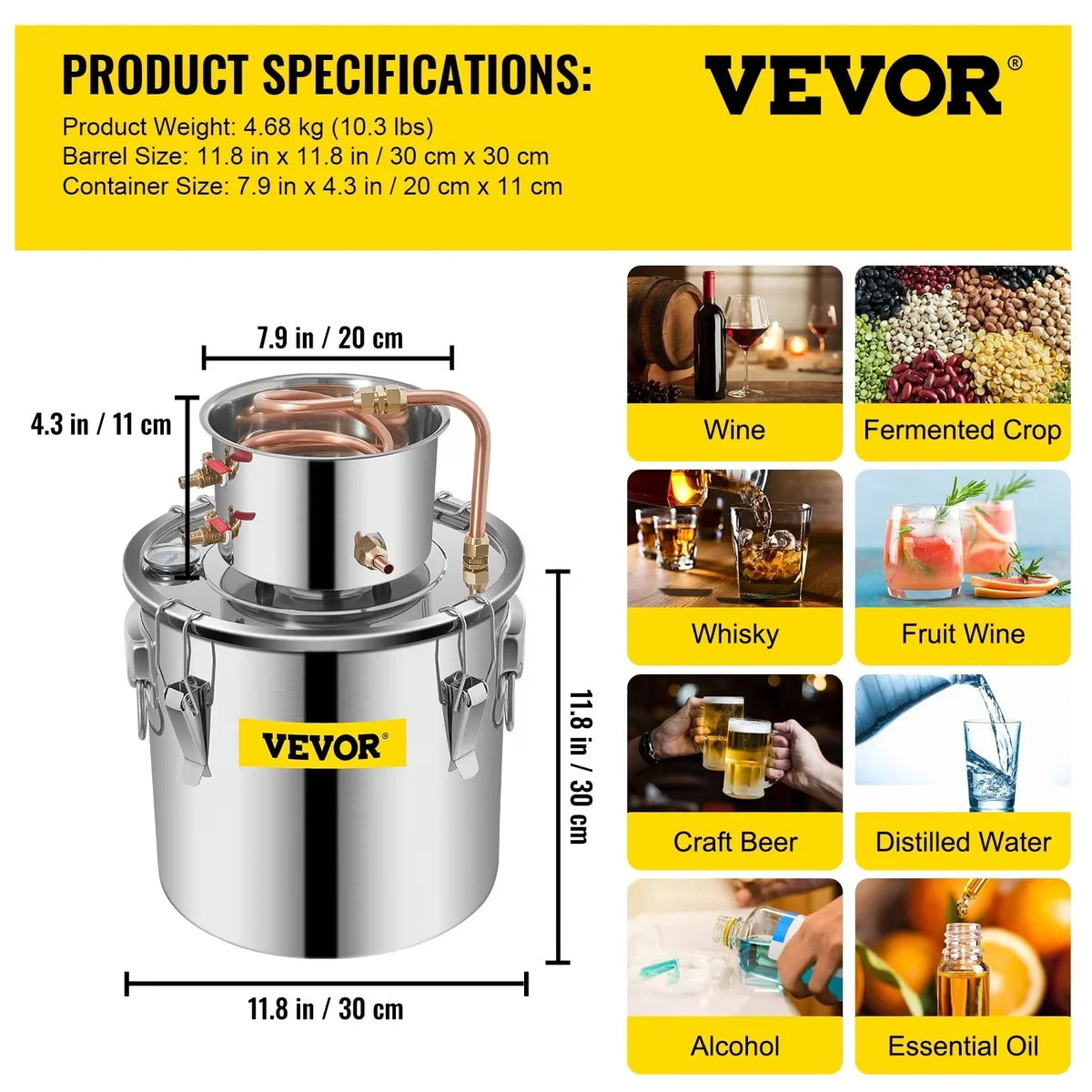 Alambic Distiller Alcohol Moonshine 5 Gal DIY Still Stainless Copper Home Brew Water Wine Essential Oil Brewing Kit