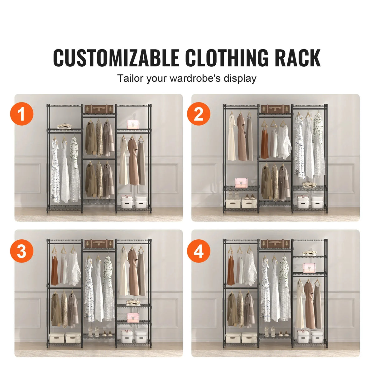 Floor Clothes Rack Rolling Clothing Garment Rack Adjustable Rack Movable Floor Wardrobe for Hanging Clothes 800lbs Load