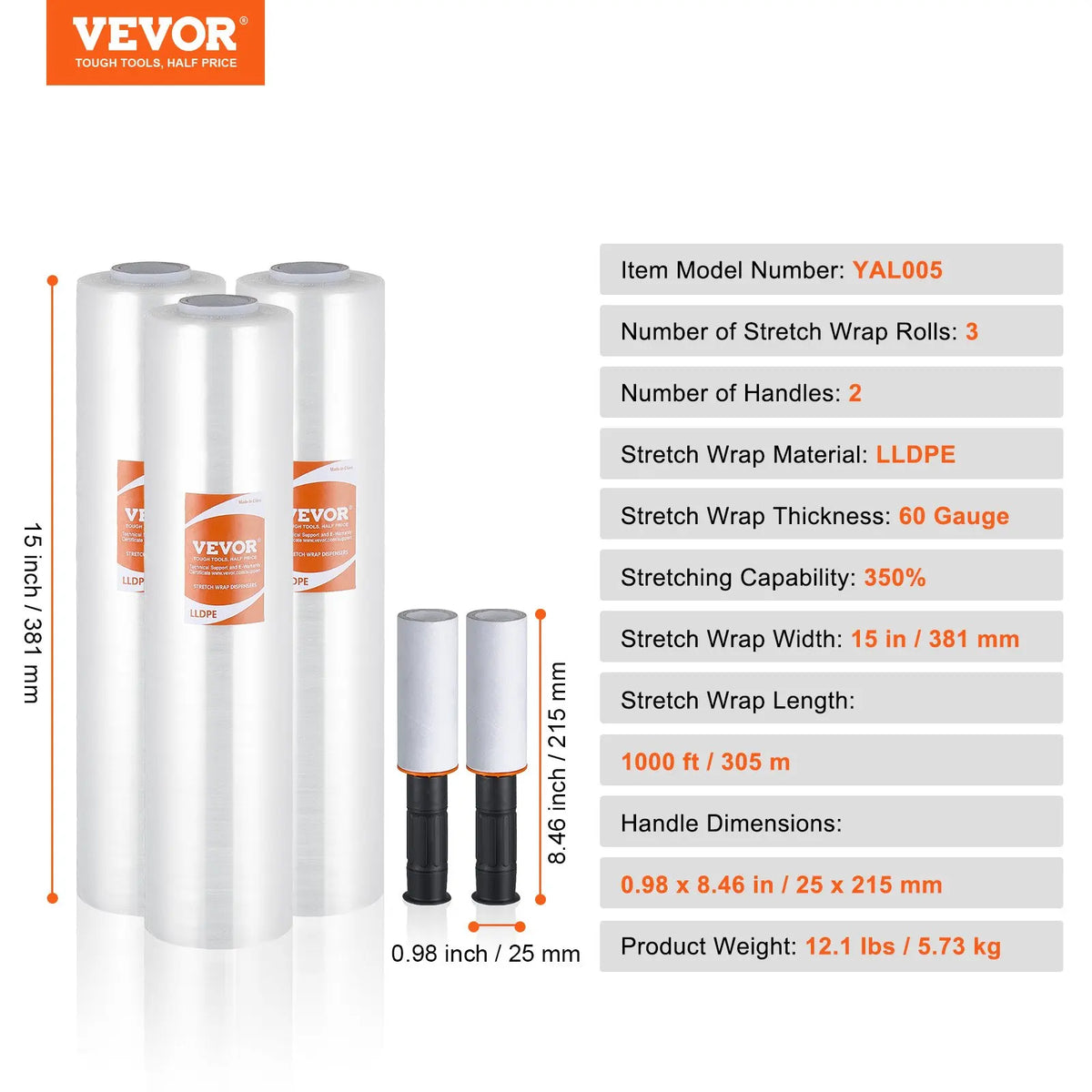 Stretch Wrap 15'' x 1000/1200 ft 1-4 Pack, 60/80 Gauge Heavy-Duty Shrink Film with Handles for Pallet Wrapping
