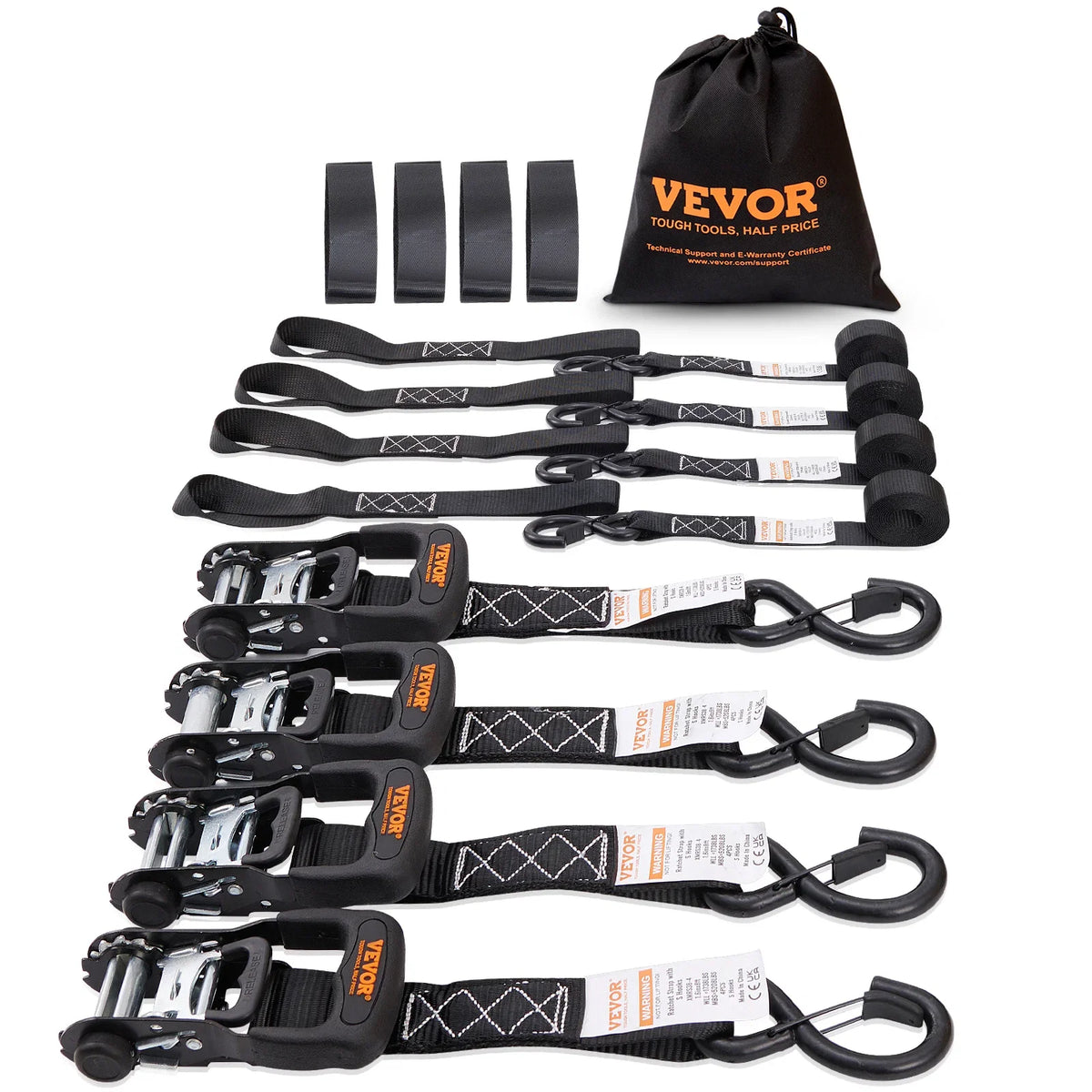 Ratchet Tie Down Straps (4PK), 5208 lb Max Break Strength, Includes 4 Premium 1.6" x 8' Rachet Tie Downs w/ Padded Handles