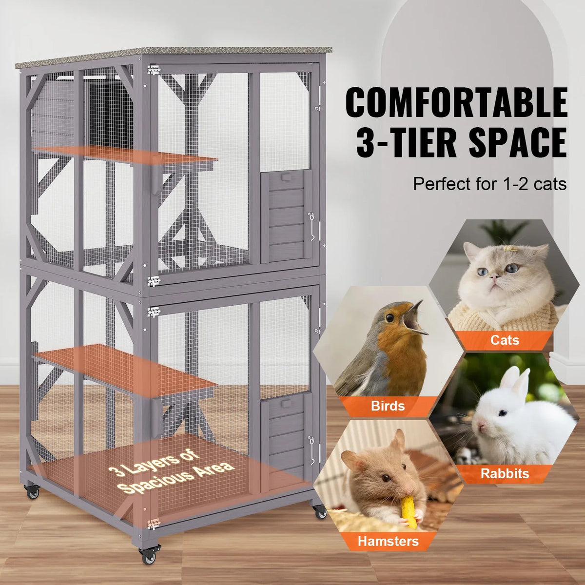 Cat House Outdoor 3-Tier Large Catio Cat Enclosure DIY Cat Fence Cage Metal Wire Kennel Indoor Cats Rabbit House for Pets