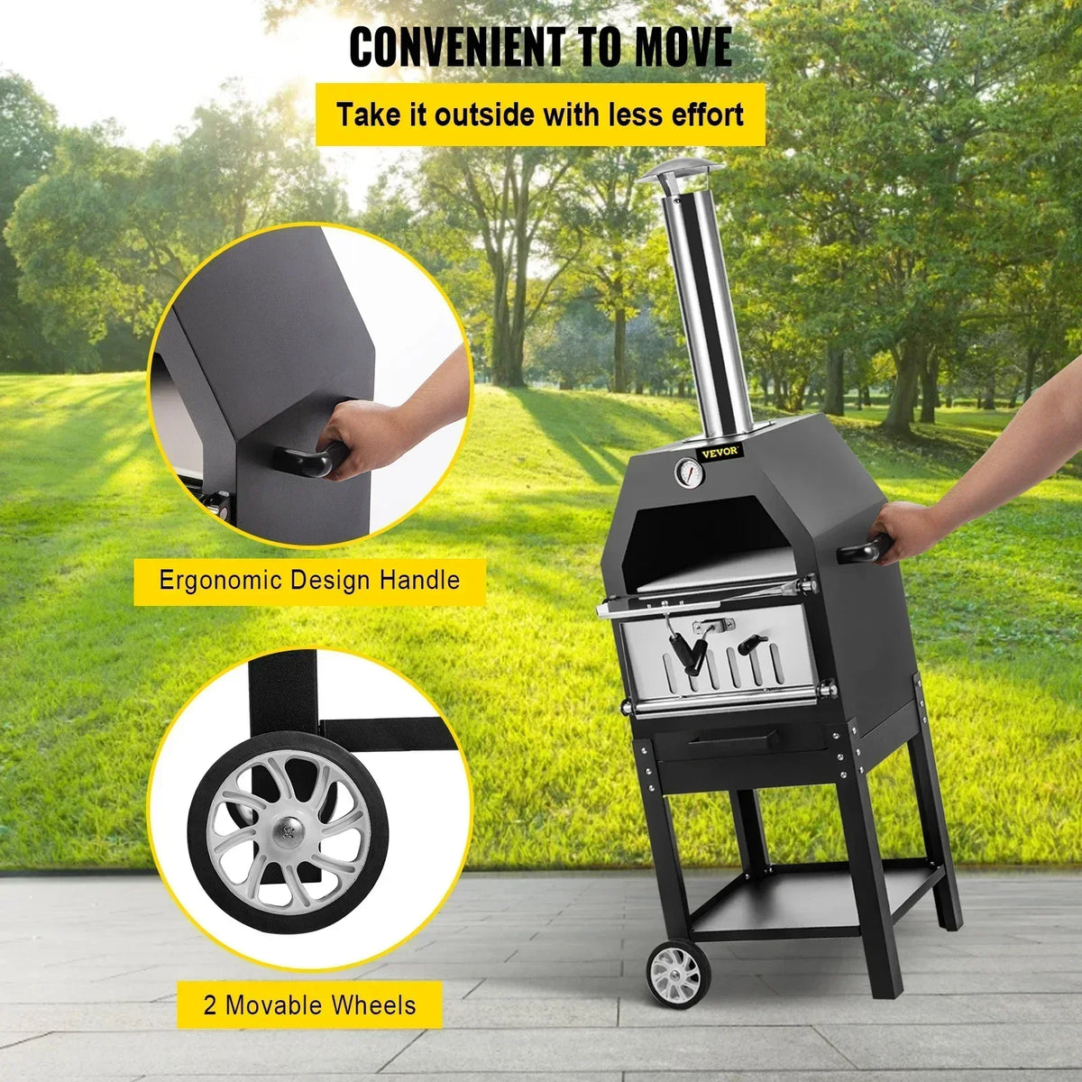 12" Outdoor Pizza Oven,2-Layer Wood Fire Pizza Oven ,Wood Burning Outdoor Pizza Oven w/ 2 Removable Wheel ,for Camping