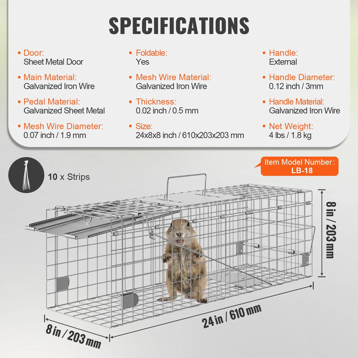 24/31/42/50in Live Animal Cage Trap Folding Humane Cat Trap Galvanized Iron with Handle for Rabbits Squirrels Groundhogs