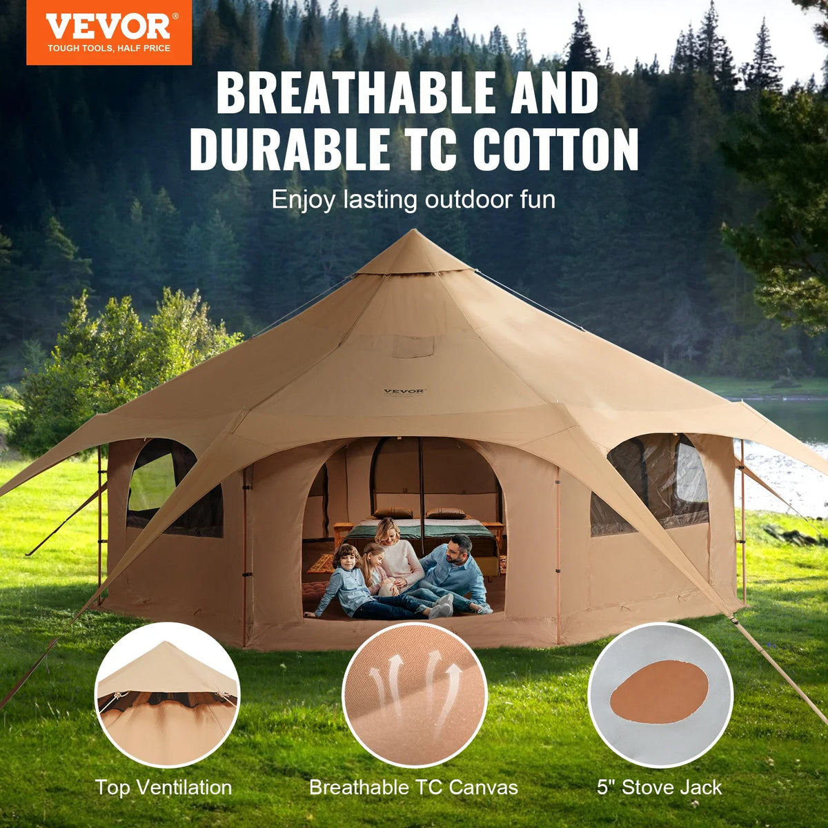 Canvas Tent 5 m/16.4 ft Bell Tent for Camping w/Stove Jack Breathable Yurt Tent for 8 People Camping Outdoor Hunting Party