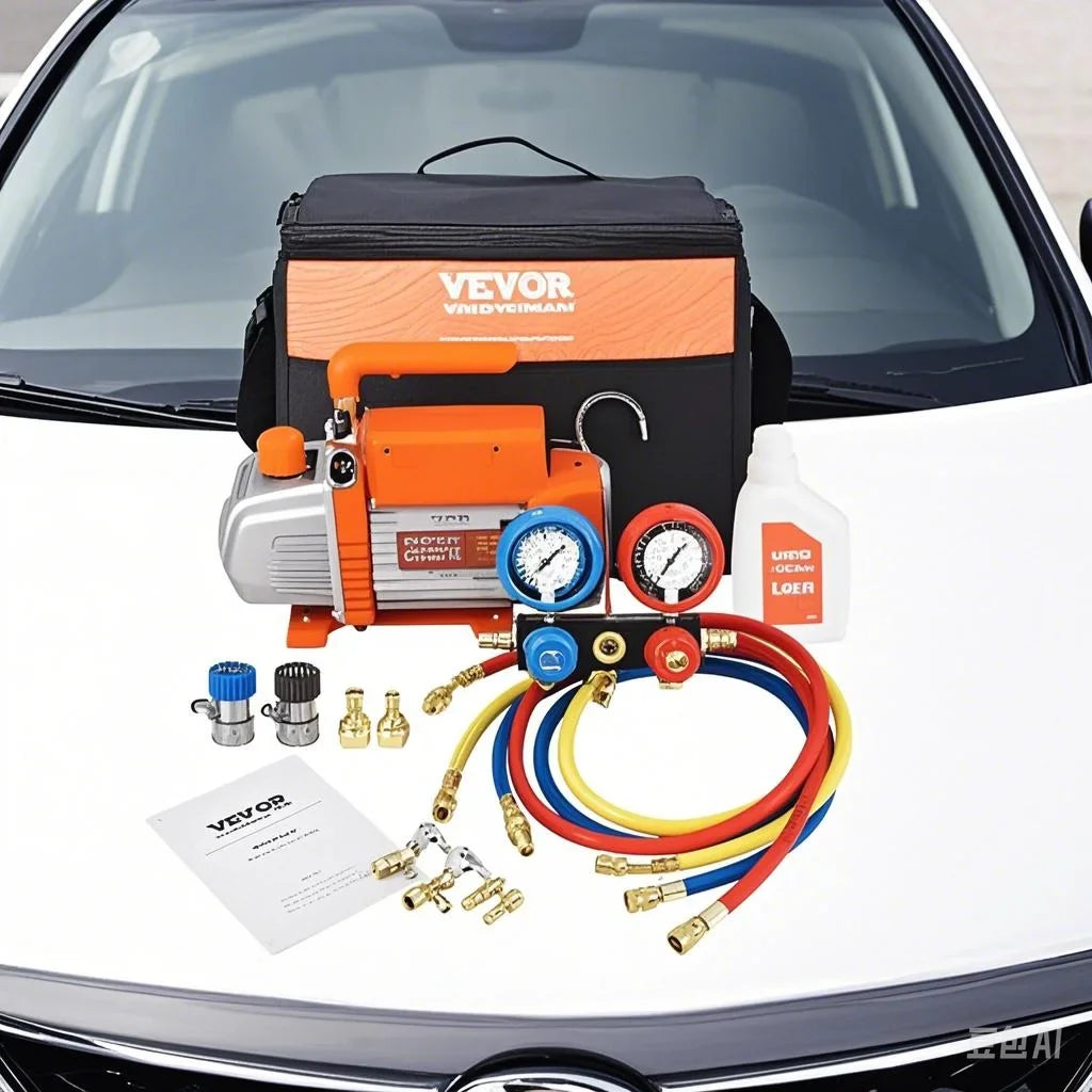 3.5/4.5CFM Single Stage Rotary Vane HVAC Air AC Vacuum Pump & A/C Refrigerant Kit Manifold Gauge Set for Car Repair ﻿